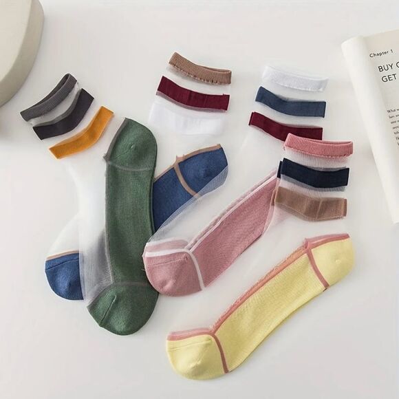 Colorful Striped Ankle Mesh Socks Set of 4 - Picture 3 of 5